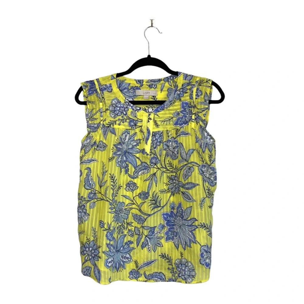LOFT Neon Yellow Floral Print Keyhole Ruffle Sleeve Blouse Small Petite Women’s